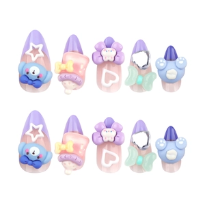 Cute cartoon press-on nails with 3D resin bear, bottle and bow in pink and purple colors