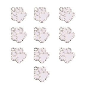 Detailed set of 10 pink enamel paw pendants with silver metal edges for DIY jewelry making