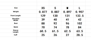 Size chart table for long PU leather trench coat with measurements from XS to L