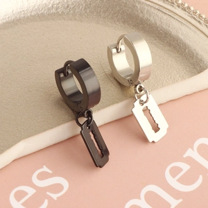 Punk style titanium steel hoop earrings with razor blade pendant in black and silver finishes