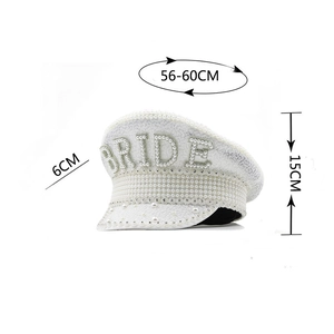 Detailed dimensions of bridal captain hat with sequins, pearls, and Bride lettering
