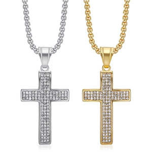 Iced Out Cross Pendant Necklace Stainless Steel Rhinestone Hip Hop Jewelry For Men And Women