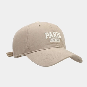 Detail of white PARIS FRENCH 3D embroidery on khaki cotton twill baseball cap