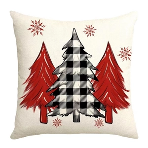 Detailed texture of beige linen pillowcase with red and plaid Christmas tree patterns