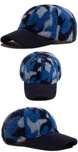 Dettaglio a tre viste del cappello baseball camo sherpa con tesa in velluto a coste