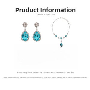 Detail specifications of waterdrop jewelry set with blue gems and crystal rhinestones