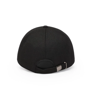 Rear view of black wool baseball cap with adjustable metal buckle and six-panel design