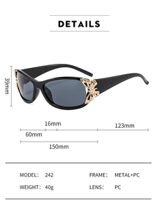 Close-up of black oversized butterfly sunglasses with metal details and size specifications