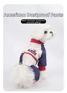 Close-up of waterproof pet dog jumpsuit showing contrast stitching and NICE pattern