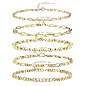 5-piece gold bracelet set featuring paperclip, cuban and bead chains for women