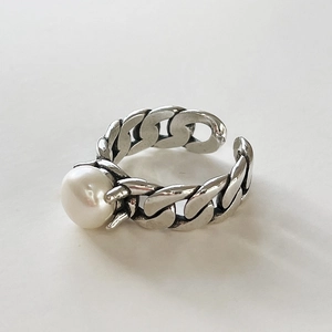 Retro 925 Sterling Silver Artificial Pearl Open Ring For Women Adjustable Cuban Link Chain Simple Industrial Style Jewelry