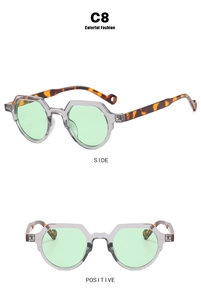 Detailansicht der runden geometrischen Sonnenbrille mit grauen Rahmen und Schildpatt-Bügeln