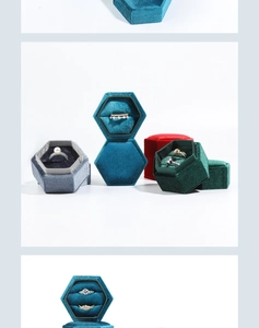Macro shot of colorful hexagonal velvet jewelry boxes with soft texture and ring slots
