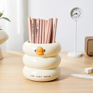 Creamy wave-shaped round desk pencil holder with cute 3D duck mouth design