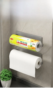 Dual wall-mounted gunmetal kitchen rack holding plastic wrap and paper towel rolls