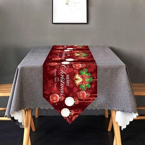 Christmas Table Runner Holiday Dining Decor Polyester Linen Fabric Red Merry Christmas Letters Bells Ornaments Party