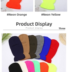 Detailed view of flexible three-hole knitted balaclavas in various bright neon colors