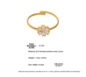 Detailed view of cubic zirconia flower ring in stainless steel with size specs