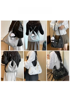 Collage of model wearing a large capacity backpack with butterfly motifs and cloud charm