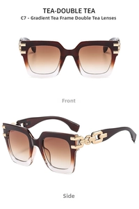 Detail of square oversized sunglasses featuring gradient brown lenses and gold chain temples