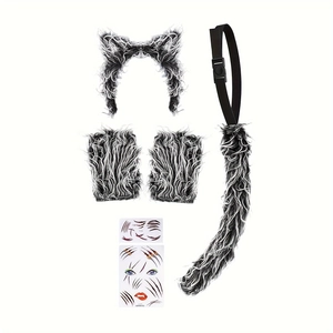 Detailed flat lay of Halloween wolf costume set with plush ears, tail and wristbands