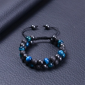 Double-layer braided bracelet with blue tiger eye, lava stone, and hematite beads