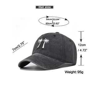 Detailed size specifications for washed cotton baseball cap with coconut tree embroidery