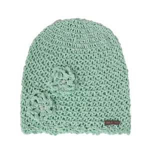 Mint green crochet tencel beanies for women with 3D flowers and pearl accents
