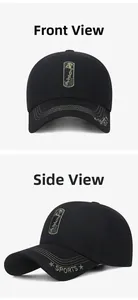 Detailed close-up of a black sports baseball cap showing front and side embroidery