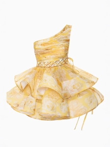 Mini abito monospalla a fiori gialli con volant a balze per abbigliamento estivo