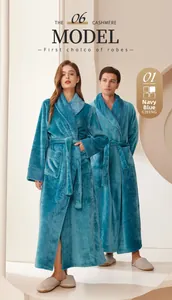 Thick navy blue flannel couple bathrobes with waist tie and soft warm plush texture