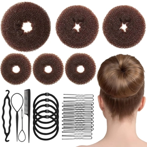 Brown hair bun maker set with donut mesh rings and black styling tools in high detail
