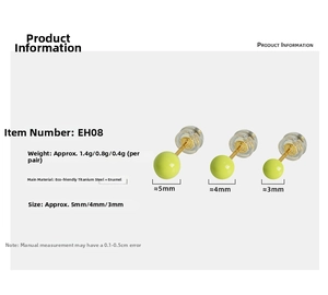 Titanium steel fluorescent yellow stud earrings in 3mm 4mm and 5mm sizes comparison