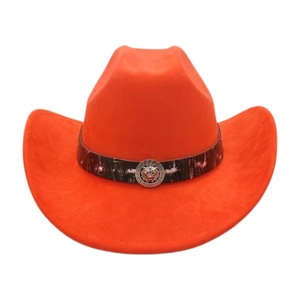 Close-up of orange cowboy hat featuring a vintage silver lion head emblem and band