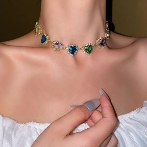 Colorful heart gemstone choker necklace with gold base and sparkling pavé diamond borders