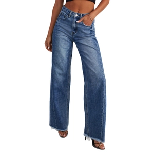 Jean femme taille haute à jambes larges en denim bleu moyen avec finition à bords crus