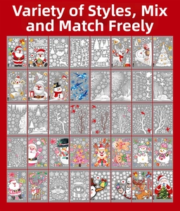 Macro view of Christmas static window stickers showing Santa, reindeer and snowflake patterns