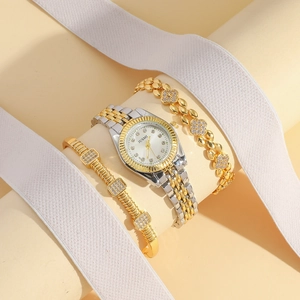 Damen Quarzuhr Und Armbänder Edelstahlband Straß Rundes Zifferblatt Elegante Mode Armbanduhr Zubehör