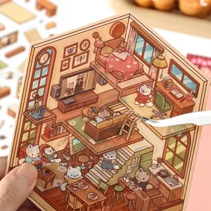 3D isometric PET sticker featuring a cozy indoor cat life scene for DIY journaling