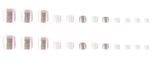 Set of 24 pink and white press-on toenails with silver glitter accents on white background