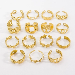 15pcs set of gold-plated minimalist open rings with tree and floral hollow designs