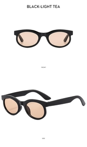 Detailed multi-angle view of vintage oval sunglasses in black-light tea frame and lens