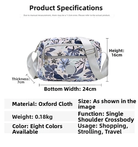 Detail view of floral oxford cloth crossbody bag with adjustable gray strap and size specs