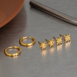 Stainless Steel Earrings Star Sun Geometric Hoops Studs Waterproof Hypoallergenic Gold Plated Minimalist Jewelry For Women