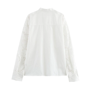 Elegant white long sleeve blouse for women featuring intricate lace splicing and stand collar