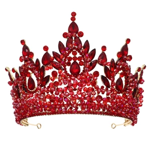 Baroque gold crown with pink crystals for wedding party luxury bridal accessory