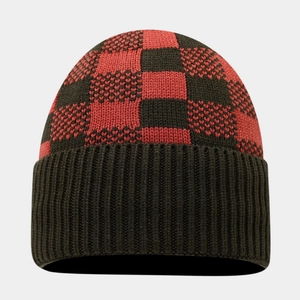 Detailed close-up of thickened buffalo plaid knit beanie with a ribbed cuff design
