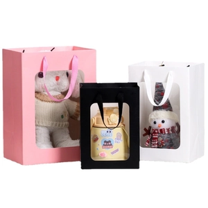 Set of clear window gift bags in pink black and white with handle for flower packaging