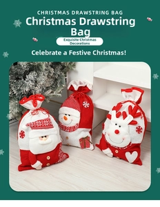 Detail of knitted Santa, Snowman and Reindeer drawstring gift bags with 3D embroidery