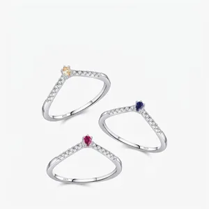 925 Sterling Silver Ring Pear Cut Colored Zirconia Chevron V Shape Stackable Minimalist Fashion Jewelry For Women